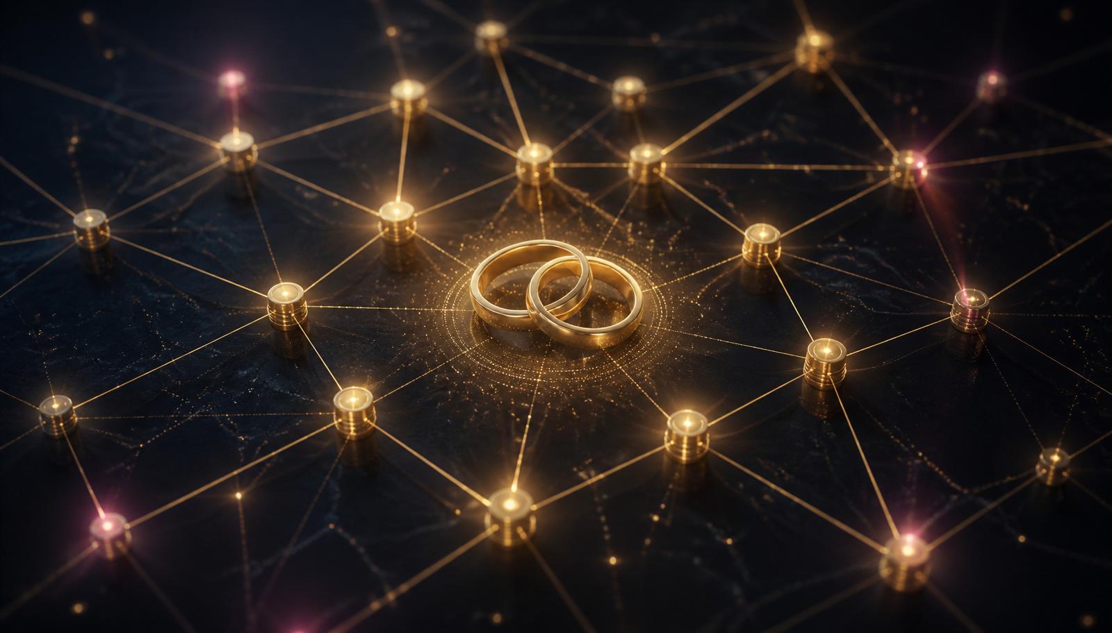 Isometric visualization of a golden wedding data graph — glowing nodes connected across a dark navy field with two interlocking wedding rings at the center, symbolizing the AI wedding technology landscape of 2026