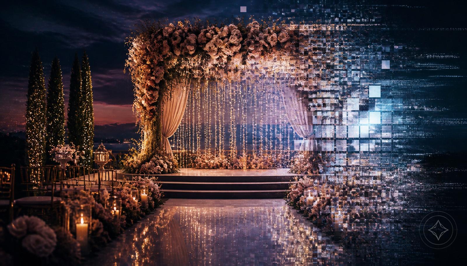 A luxurious candlelit wedding altar at dusk fragmenting into digital pixels on one side, symbolizing AI-generated fake wedding imagery