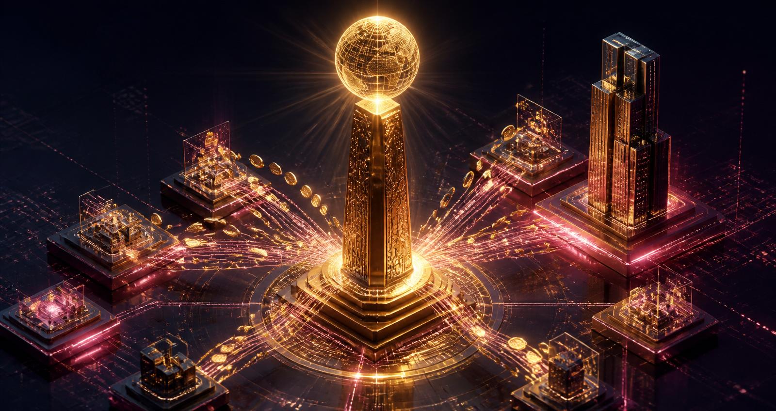 Editorial isometric illustration of category domain real estate — a tall gold monolith topped by a globe, chained to platform blocks and a corporate skyscraper by streams of gold coins, on a dark navy background with gold and rose accents