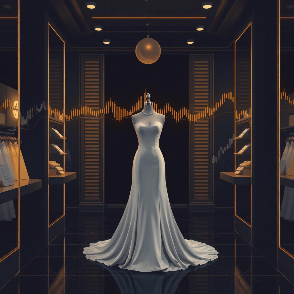 Dark bridal boutique interior with a single white wedding dress on a mannequin, overlaid with faint gold stock chart candlesticks and data streams, symbolizing David's Bridal's transformation into a data and media business