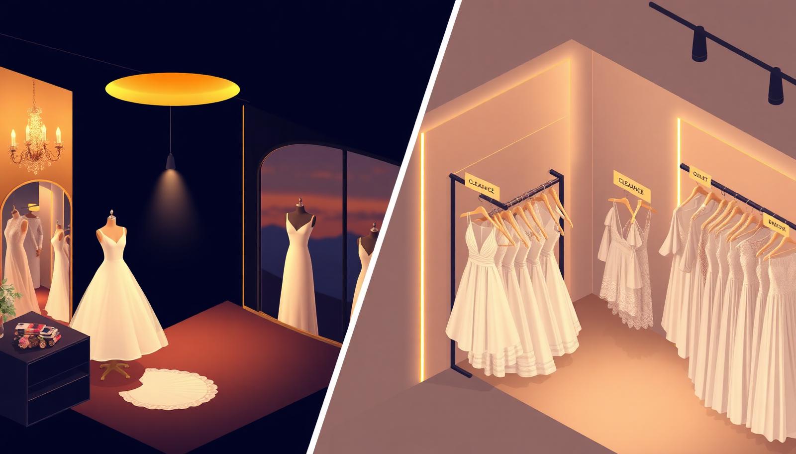 Split isometric illustration of a David's Bridal store — a full-price bridal salon with a single white gown under warm gold light on the left, and a dedicated outlet clearance rack of white dresses on the right — one store, two price points