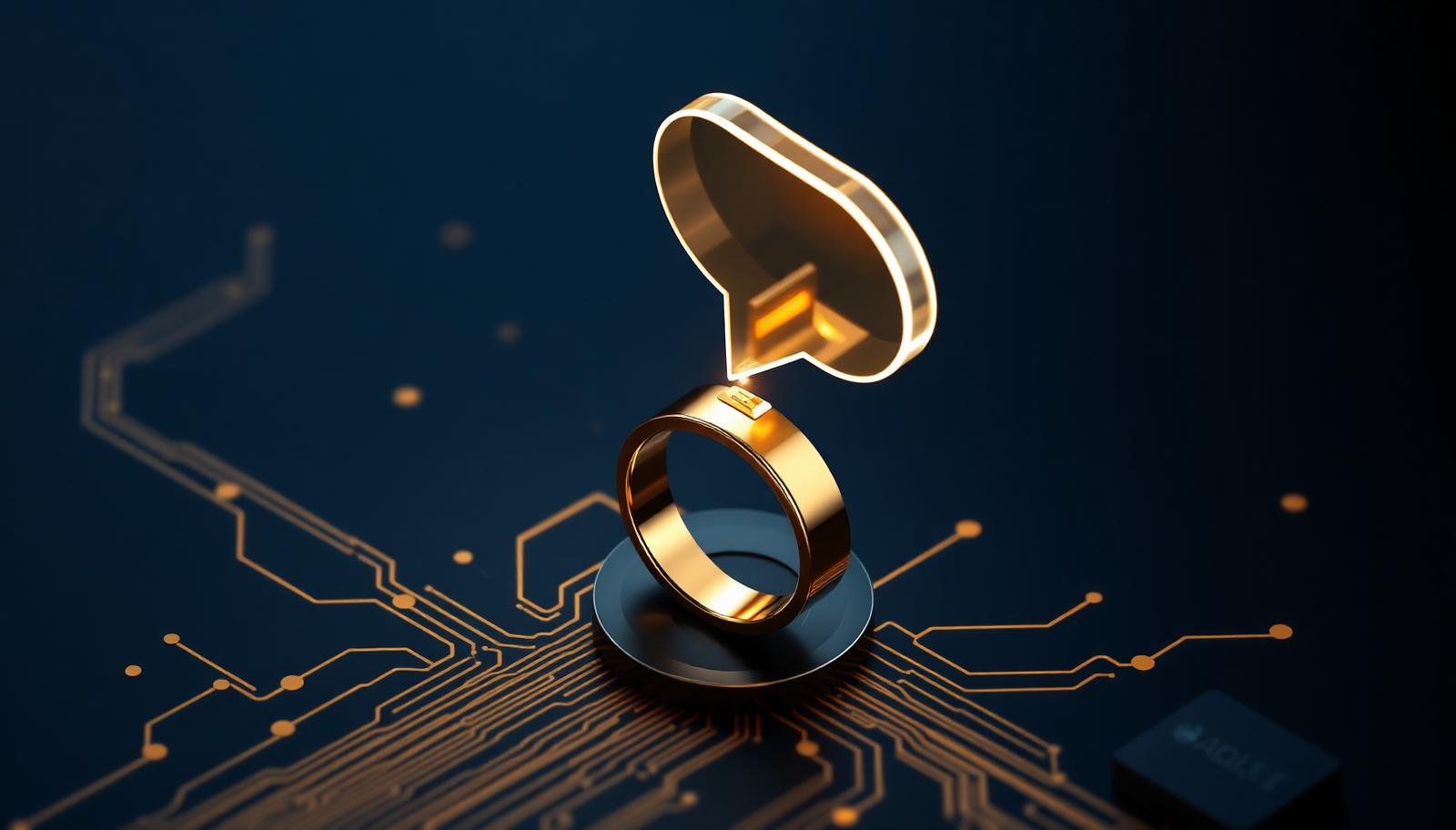 Isometric gold wedding ring sitting on a dark navy circuit board with a glowing conversational chat bubble rising above it, symbolizing IAM the conversational close engine