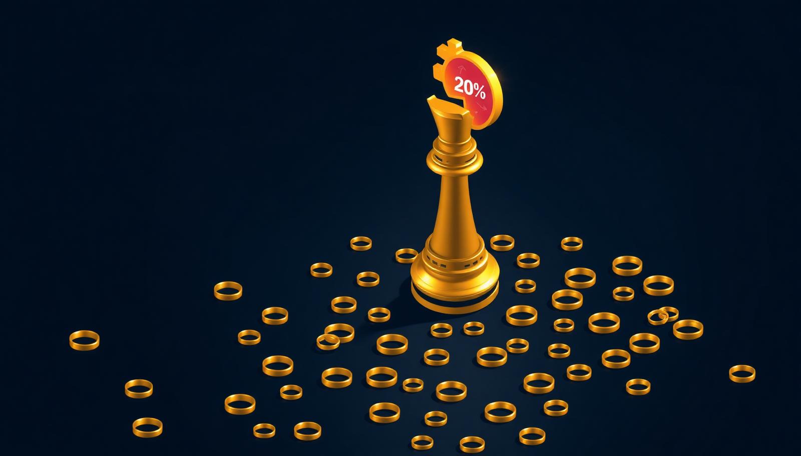 Isometric editorial illustration of a large gold chess king labeled 20% casting a long shadow over dozens of tiny scattered gold wedding rings on a dark navy circuit board — visualizing The Knot's AI citation monopoly over independent wedding vendors