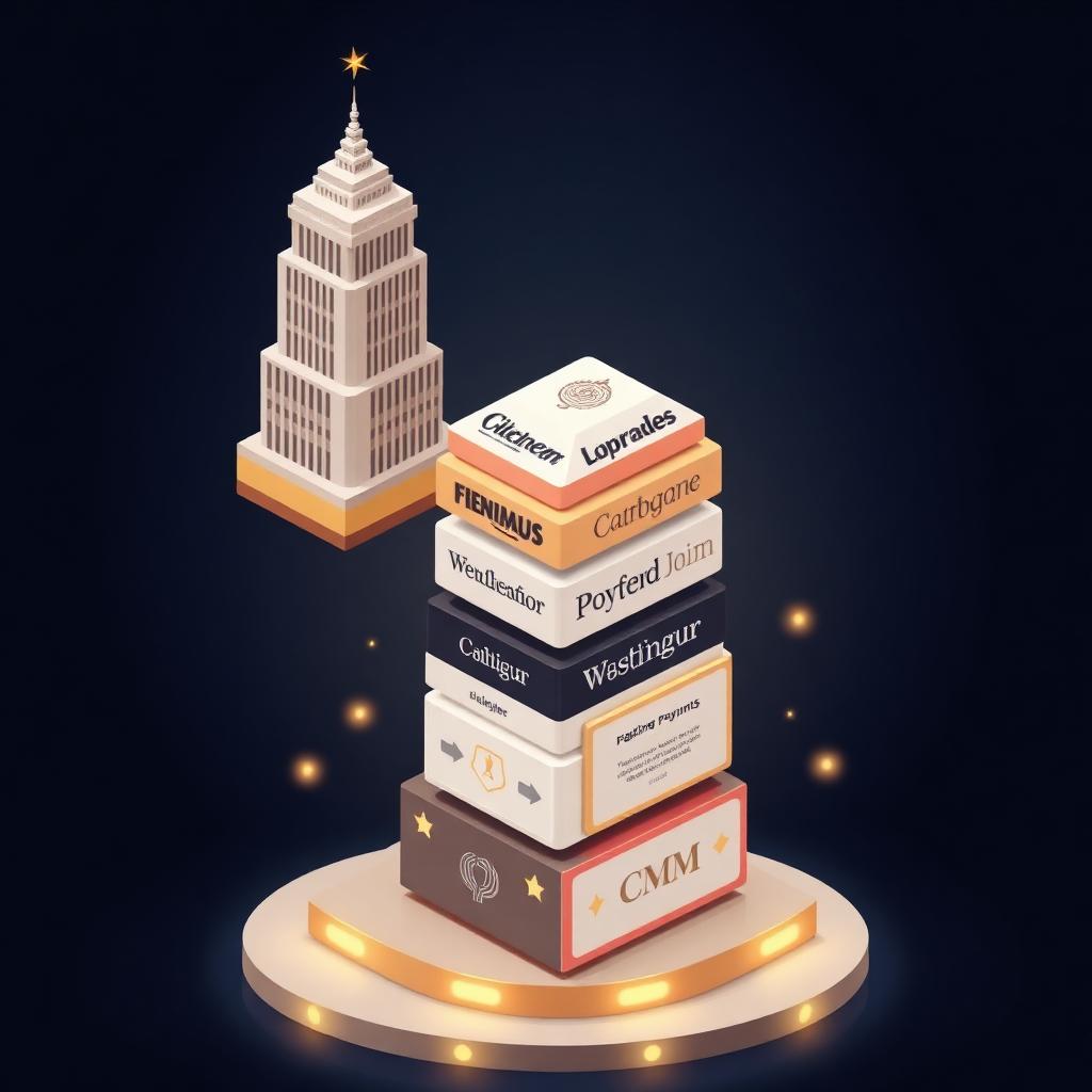 Editorial isometric illustration of legacy media conglomerate skyscrapers and broadcast towers acquiring a stacked tower of wedding technology software blocks — CRM, booking, payments, and CMS — being lifted onto a corporate acquisition platform with gold and rose accents on a dark navy background