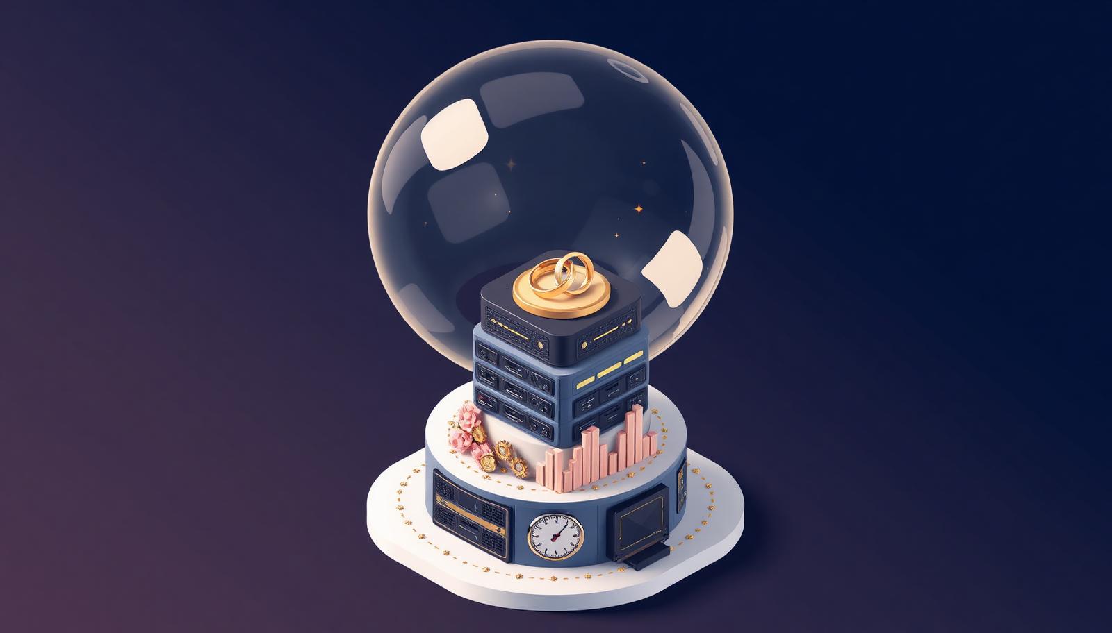 Isometric editorial illustration of a translucent bubble hovering over a wedding cake built from stacked server modules with tiny gold wedding rings, rose-gold rising bar charts, and pressure gauges around the base — a visual metaphor for the wedding-industry bubble reshaping into wedding technology infrastructure