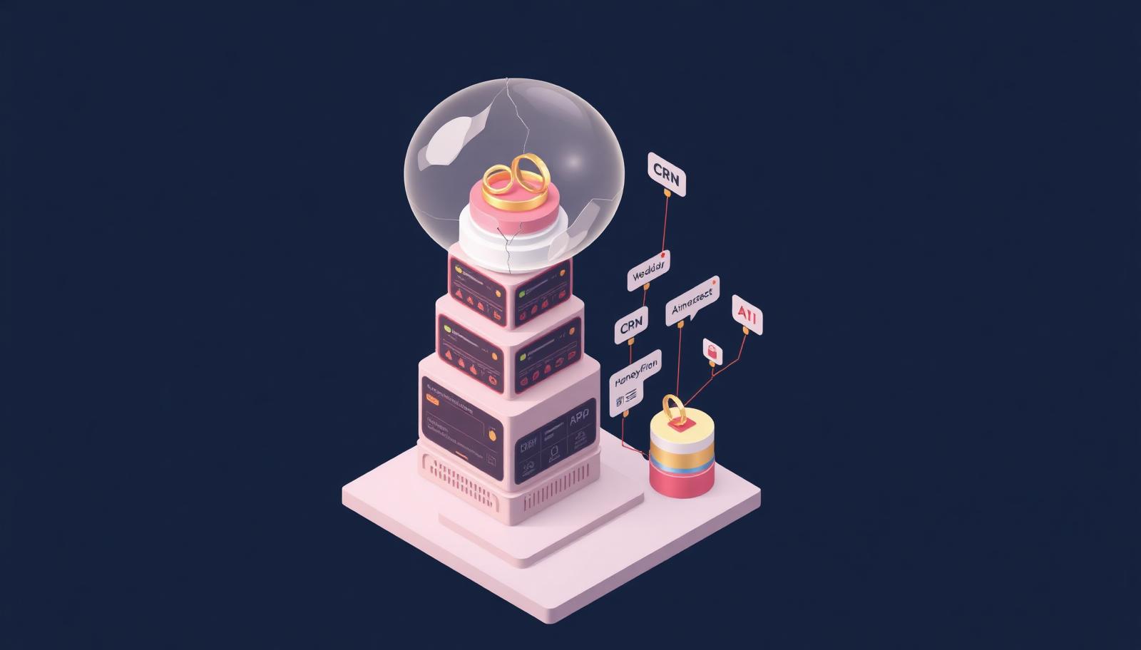 Isometric editorial illustration of a cracking translucent bubble hovering over a wedding cake built from stacked SaaS server modules and dashboard panels, with gold wedding rings, rose-gold circuit lines connecting CRM tiles, contract icons, calendar timelines and AI chat bubbles — a visual metaphor for the AI disruption wave reshaping wedding software vendors
