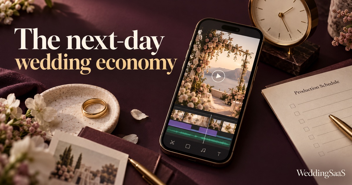 A smartphone wedding video, production schedule and clock illustrate the relationship between fast delivery and labour in wedding content creation.